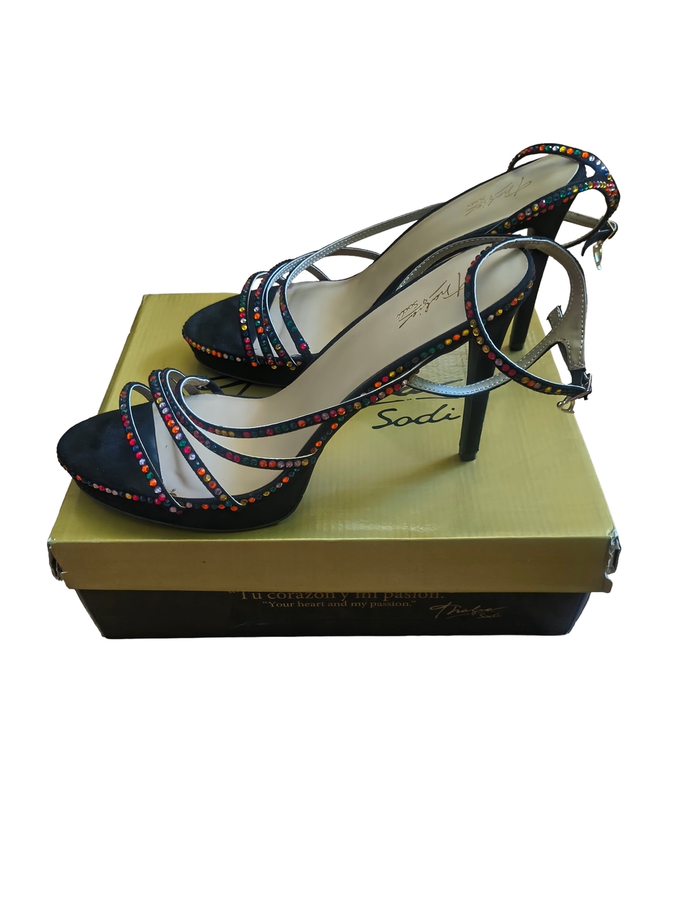Black Multicolor Crystal Strap High Heel Sandals